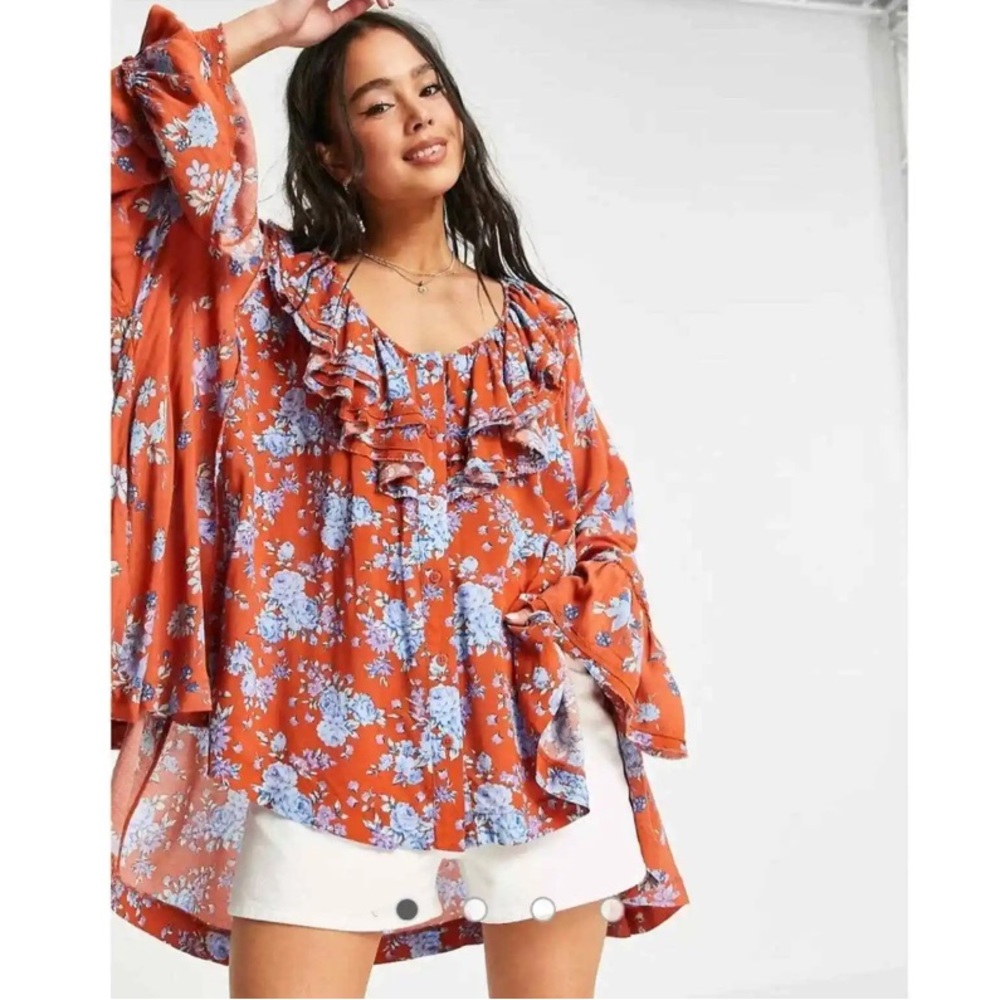 Free People Lorretta Printed oversized floral ruffles Tunic Size Medium - Picture 11 of 12